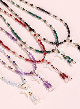 新中式天然淡水珍珠孔雀石贝壳蝴蝶项链女百搭高级感项链女饰品