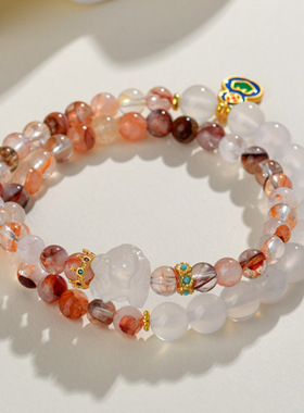 批发天然红胶花白玛瑙醒狮双圈手链新中式复古福禄女多圈手串定制