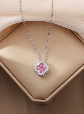 银色粉钻甜美气质锆石四瓣花项链时尚轻奢锁骨链韩国小众百搭饰品