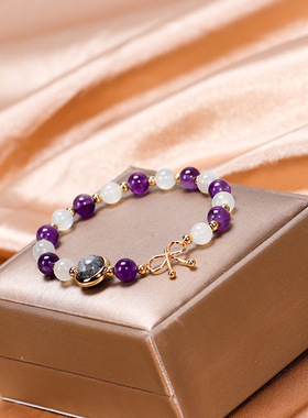 巴度跨境爆款水晶白月光紫晶手链女黑发晶转运珠手串简约个性手饰