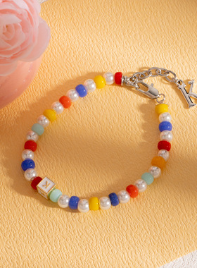 甜美小清新彩色字母K串珠手链 多巴胺可爱简约小众设计感气质手饰