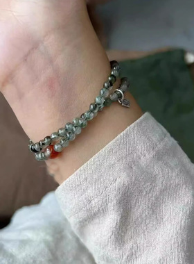 S925银手串绿发晶南红手链中国风小众女礼物新中式首饰配饰秋福牌