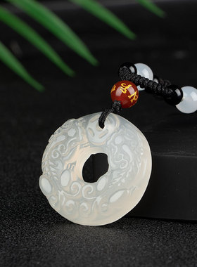 天然白玛瑙貔貅吊坠招财平安扣项链男女挂件复古长款七夕节日礼物