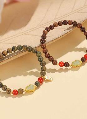 新中式绿檀木红玛瑙串珠手链女文艺复古风福牌葫芦手串手饰批发