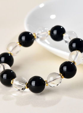 批发天然白水晶大颗粒黑曜石圆珠单圈手链时尚简约男女新爆款手串