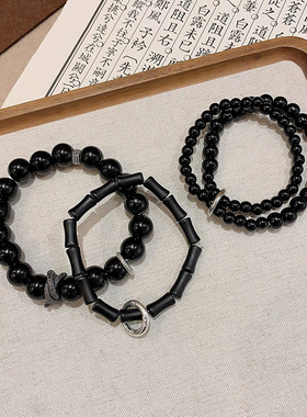新中式复古黑色平安扣手链女百搭小众双圈串珠手串情侣同款手饰品