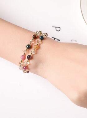 水晶手链女高级感正品天然碧玺多圈手串原创设计七彩手饰珠串礼物