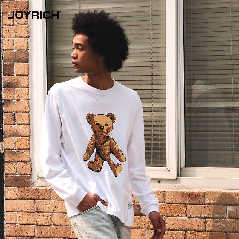 JOYRICH秋冬男女同款美式复古经典富乐熊街头纯色印花圆领长袖T恤