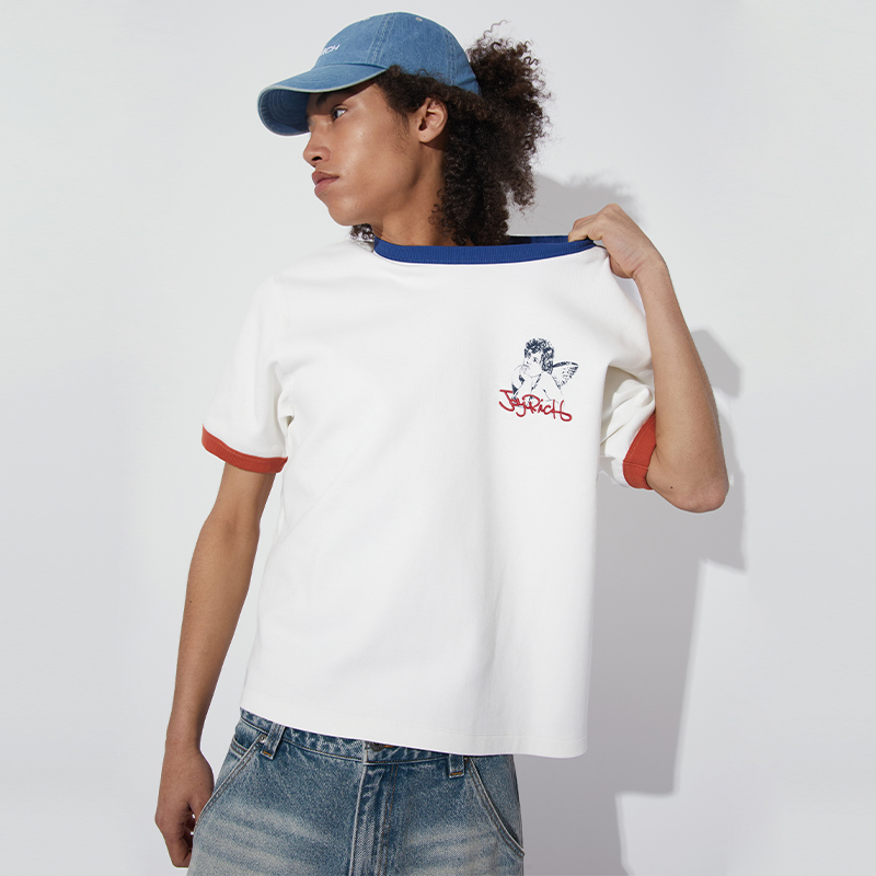 JOYRICH 2024夏季男女同款美式复古天使印花撞色宽松休闲短袖T恤