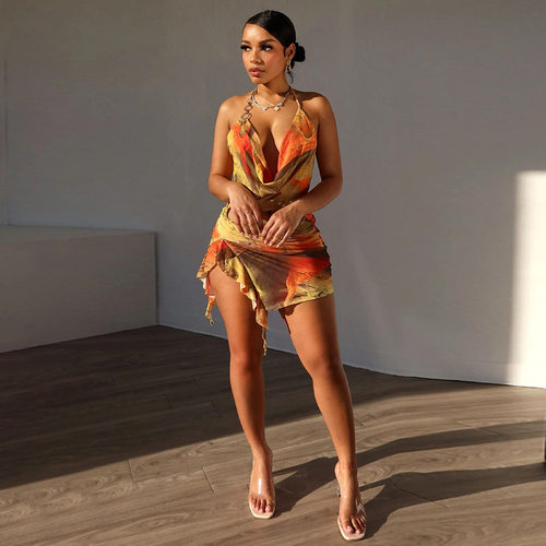 Printed backless lace up dress for women 印花露背系带连衣裙 - 图0