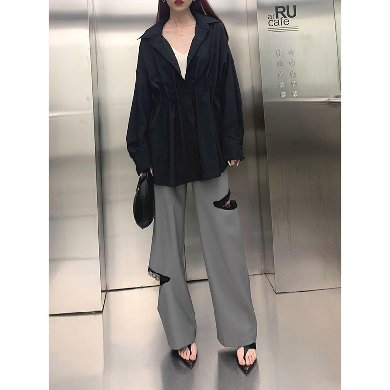 【LAMBO】3米腿长！不对称蕾丝拼接 挖空设计 黑色阔腿裤长裤西裤 - 图3