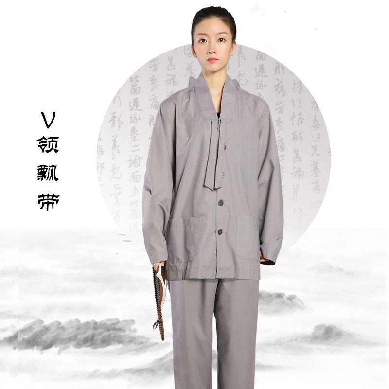 居士禅修服套装春夏季复古中国风盘扣长袖朝山居士服海清僧服女款-图3