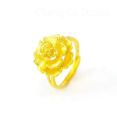 ChangGe Studio 镀金花朵戒指防沙金女款复古戒指新娘婚庆富贵花 - 图3