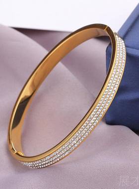 正品钢满钻手女不掉镯色轻锈奢小众高级感银色品牌钛气质满钻金色