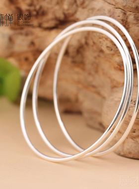 正品圈925纯银手镯女个性潮时首尚可多光面圆手环饰品百s搭饰细银