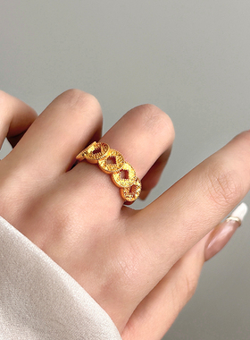 碎碎冰铜钱戒指女新中式招财转运五帝钱币食指戒开口可调节指环