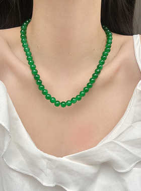 2024新款爆款显白绿色串珠项链女元宝扣新中式锁骨链气质小众颈链