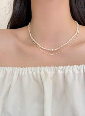 小众轻奢双层珍珠金属锁骨链