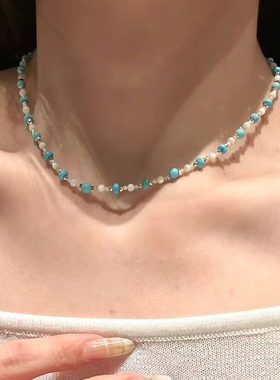 小众度假风绿松石水晶串珠锁骨链