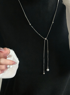 气质长款抽拉珍珠流苏锁骨链