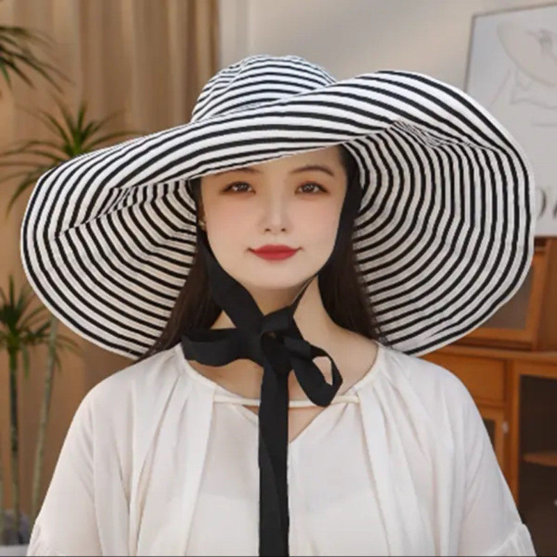 夏季超大檐遮阳帽女防晒防紫外线2026新款条纹渔夫帽可折叠太阳帽,淘宝优惠券,粉丝福利购,淘宝优惠卷
