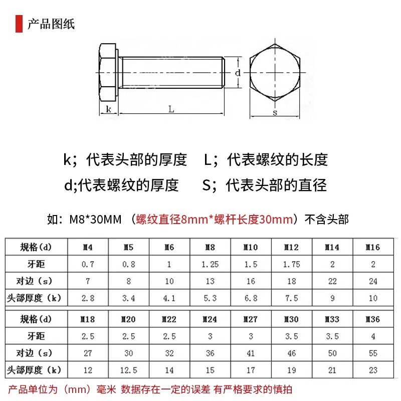 奥展316L不锈钢外六角螺丝螺栓A4-80螺杆大全M6M8M10M12M14M16M20 - 图1