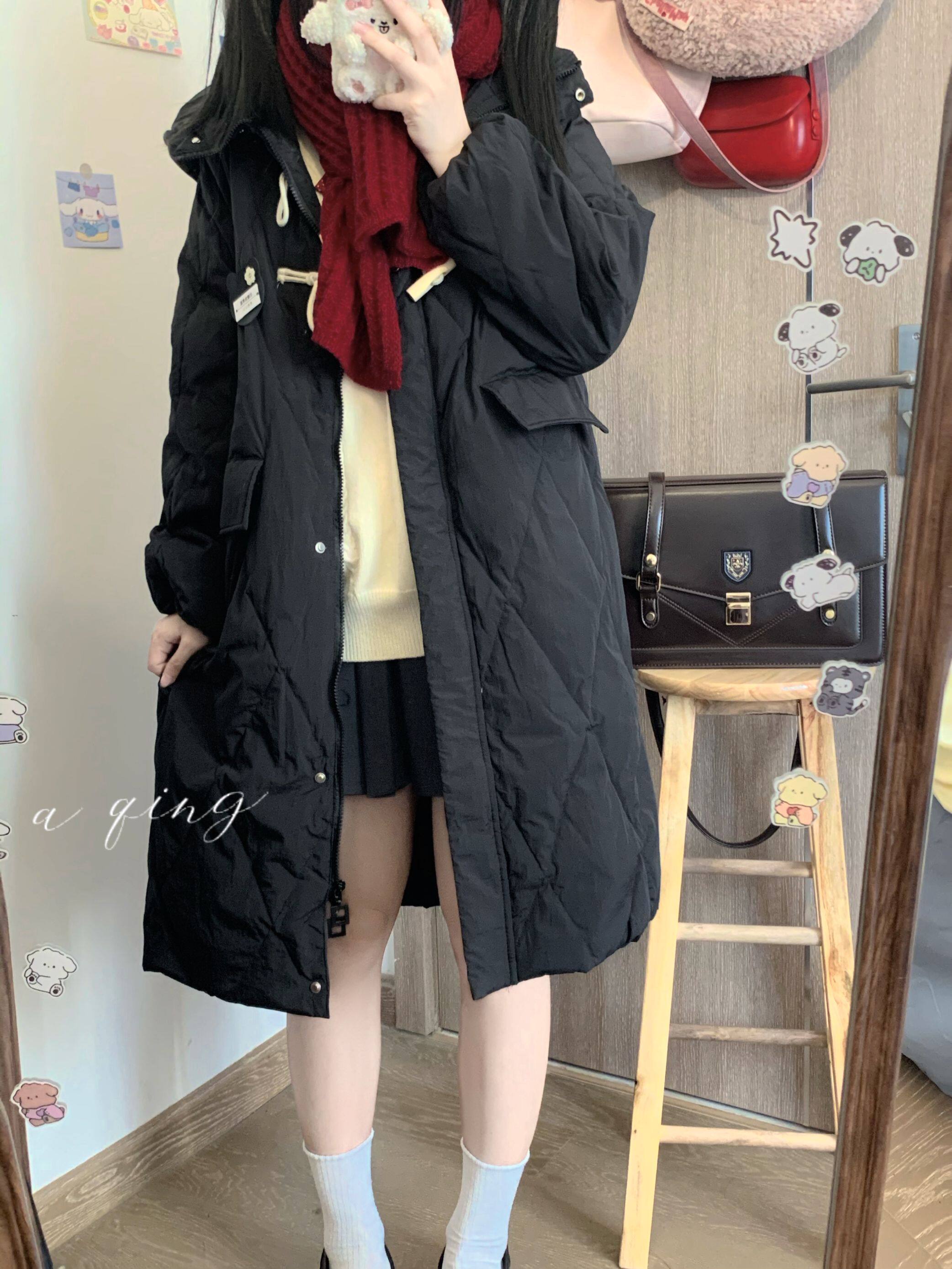 自制原创韩系jk外套学院风牛角扣菱形格小个子过膝长款连帽羽绒服