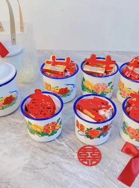 搪瓷杯结婚茶缸子80年代怀旧老物件老式花卉款瓷缸马克杯铁瓷茶缸