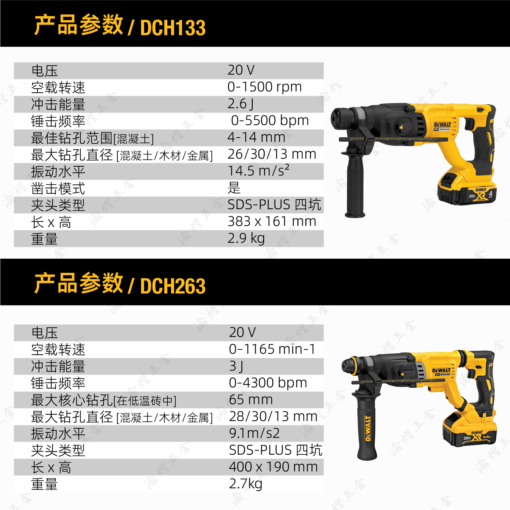 得伟20V无刷锂电多功能无尘钻头吸尘充电电锤电钻电镐DCH133/263 - 图0