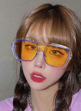 网红连体大框墨镜女复古ins黄色遮阳圆脸显瘦防风太阳眼镜男士潮