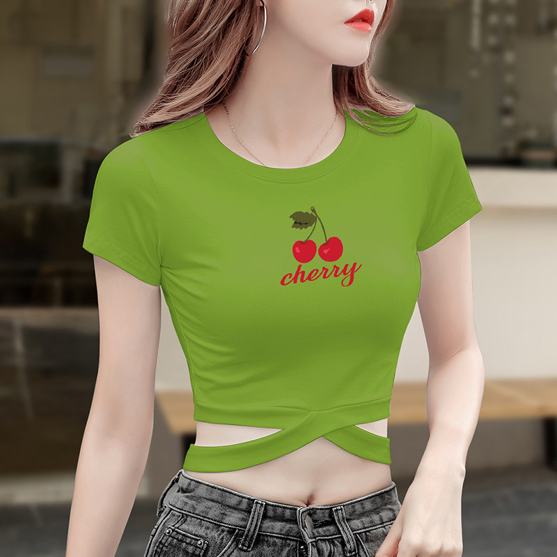 网红个性绑带露脐装樱桃印花女t恤 正丫T恤