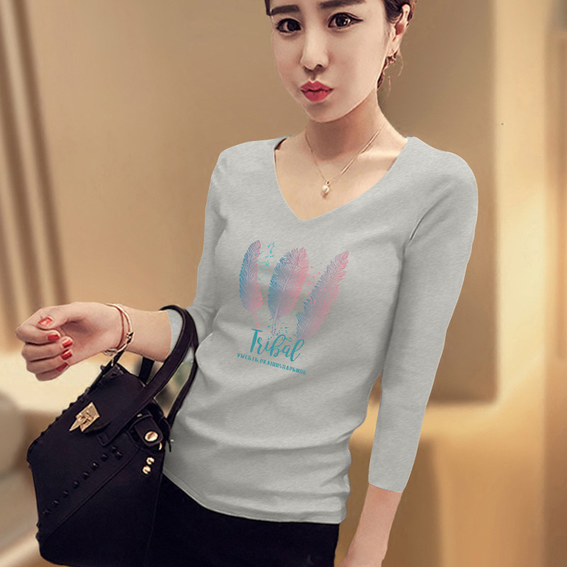 白色羽毛印花七分袖韩版修身打底衫 正丫T恤