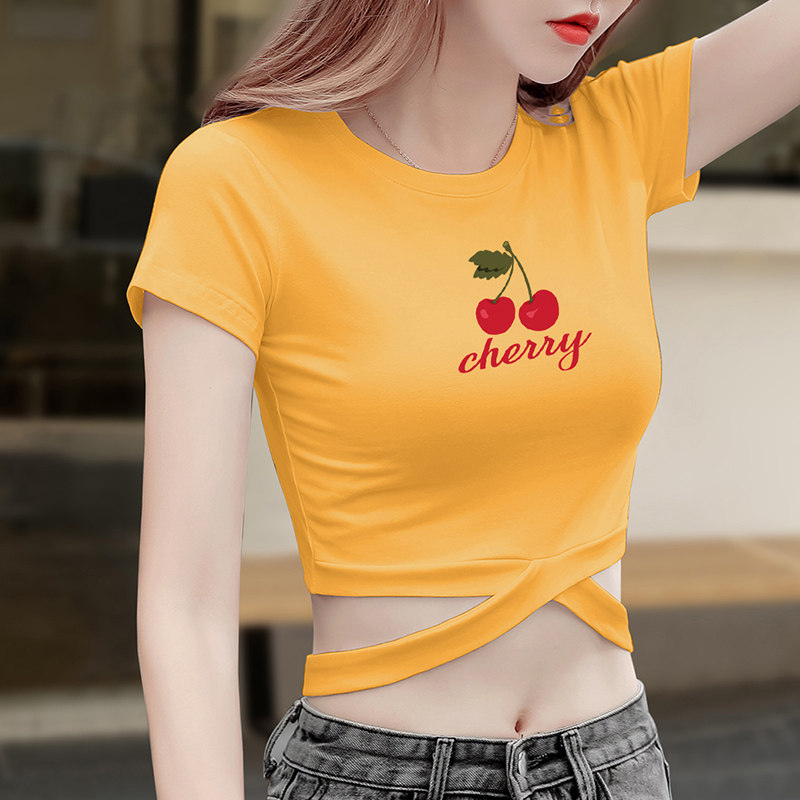 网红个性绑带露脐装樱桃印花女t恤 正丫T恤