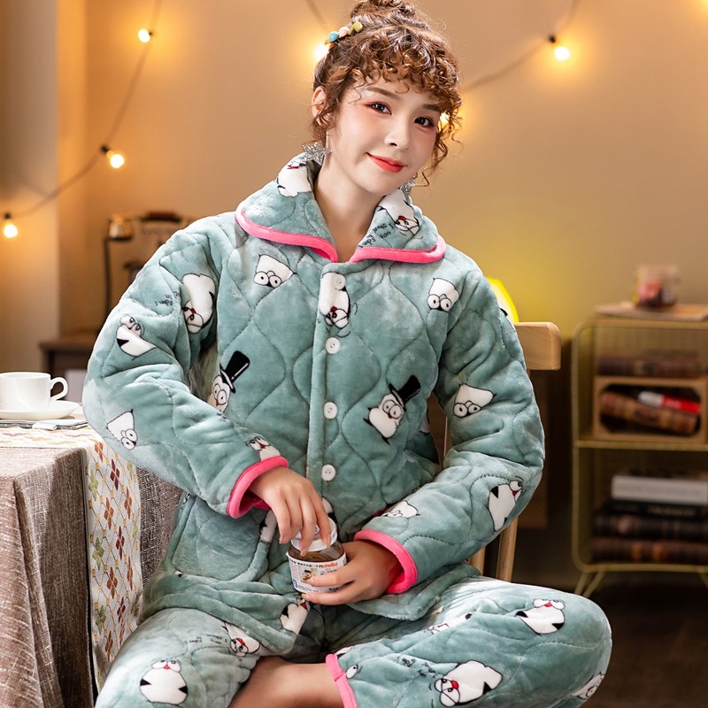 妈妈秋冬三层珊瑚绒夹棉加大码睡衣 qusmiyan秋水名媛睡衣/家居服套装