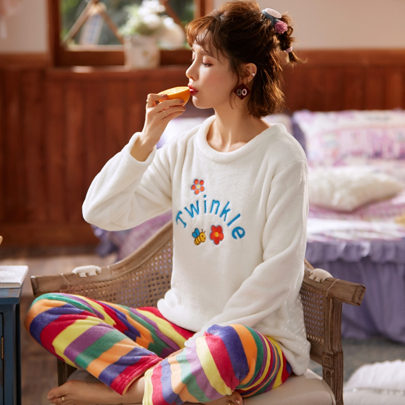 秋冬长袖加绒法兰绒毛绒珊瑚绒睡衣 qusmiyan秋水名媛睡衣/家居服套装