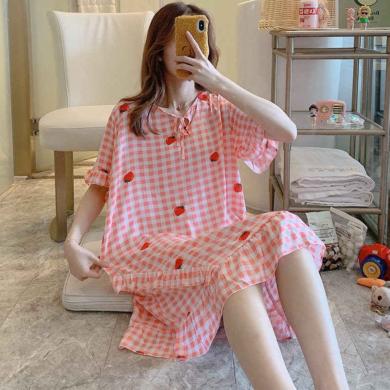 外穿睡裙夏短袖中老年妈妈薄连衣裙 qusmiyan秋水名媛睡裙