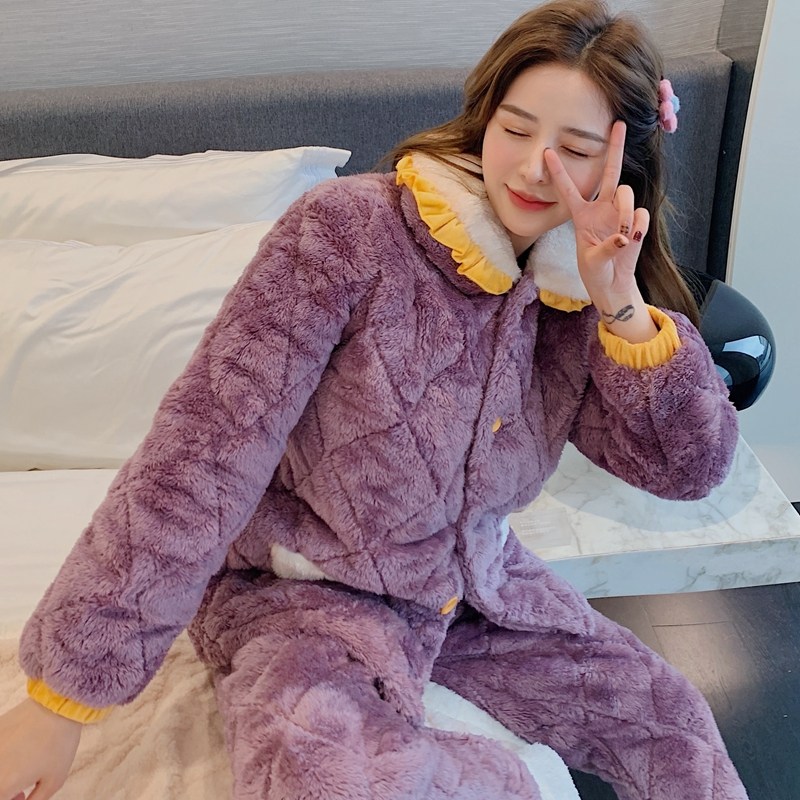 冬加厚三层夹棉超厚加绒珊瑚绒睡衣 qusmiyan秋水名媛睡衣/家居服套装