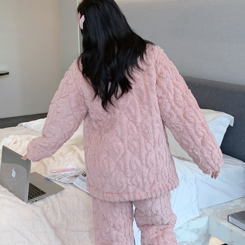 珊瑚绒秋冬三层加绒长袖夹棉睡衣 qusmiyan秋水名媛睡衣/家居服套装