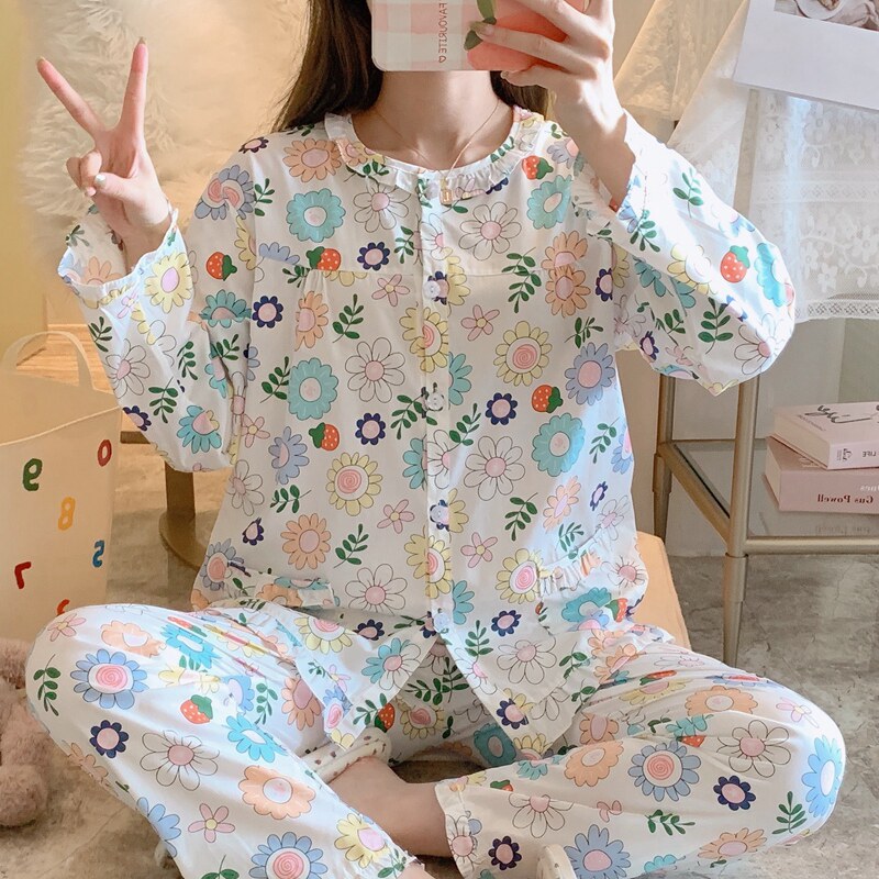 妈妈纯棉春秋长袖梭织棉布夏睡衣 qusmiyan秋水名媛睡衣/家居服套装