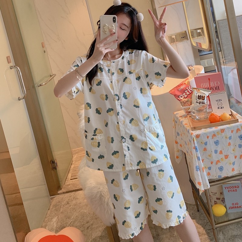 夏季短袖短裤开衫全棉梭织纯棉睡衣 qusmiyan秋水名媛睡衣/家居服套装