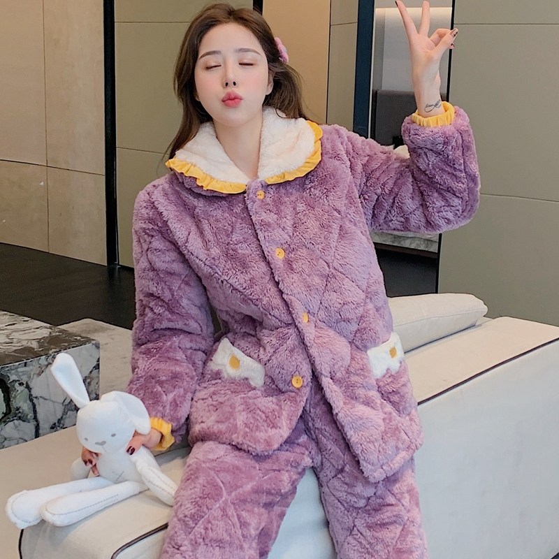 冬加厚三层夹棉超厚加绒珊瑚绒睡衣 qusmiyan秋水名媛睡衣/家居服套装