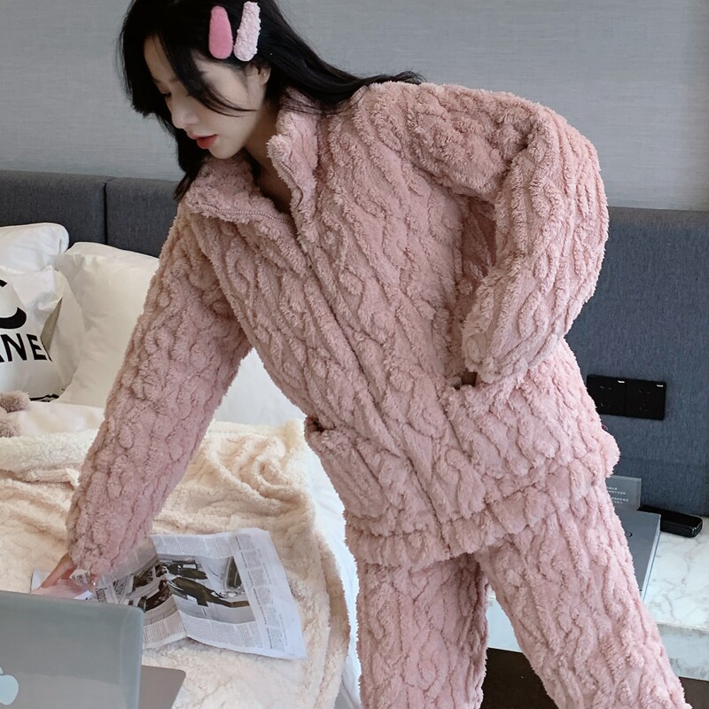 珊瑚绒秋冬三层加绒长袖夹棉睡衣 qusmiyan秋水名媛睡衣/家居服套装