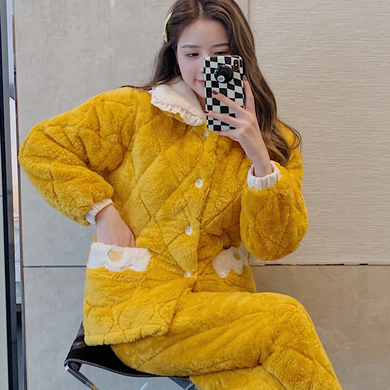 三层珊瑚绒秋冬加绒超厚夹棉睡衣 qusmiyan秋水名媛睡衣/家居服套装