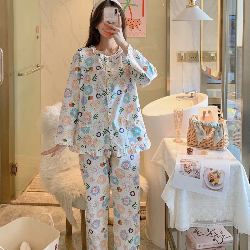 妈妈纯棉春秋长袖梭织棉布夏睡衣 qusmiyan秋水名媛睡衣/家居服套装