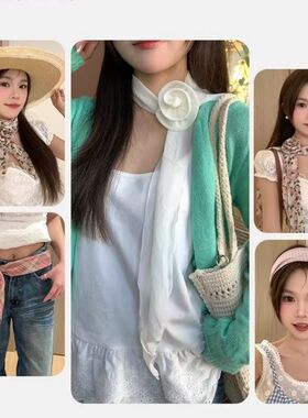AC 韩版花朵丝巾女春夏氛围感百搭薄款系脖长条围巾飘带网感配饰