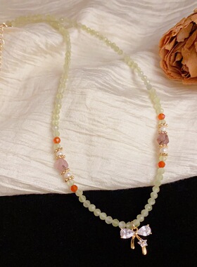 AC 甜度刚好小清新亮晶晶蝴蝶结串珠项链百搭锁骨链天然石颈链女