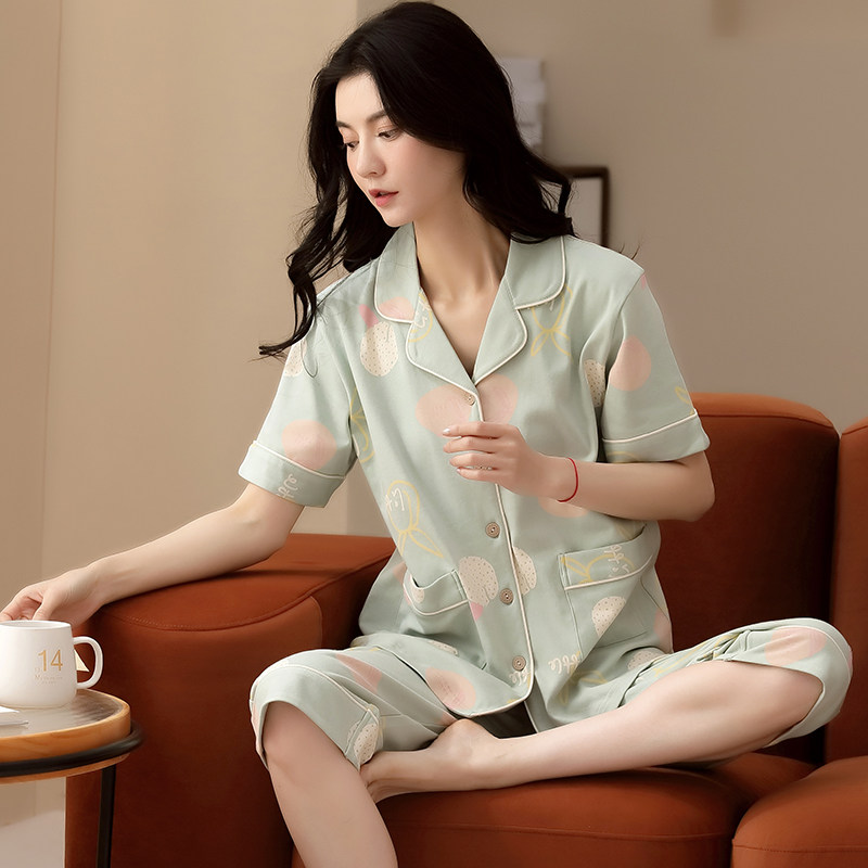 夏纯棉短袖七分裤薄款开衫甜美睡衣 黛忆梦睡衣/家居服套装