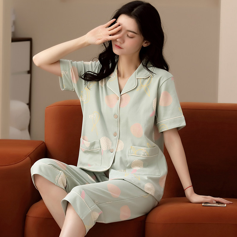 夏纯棉短袖七分裤薄款开衫甜美睡衣 黛忆梦睡衣/家居服套装