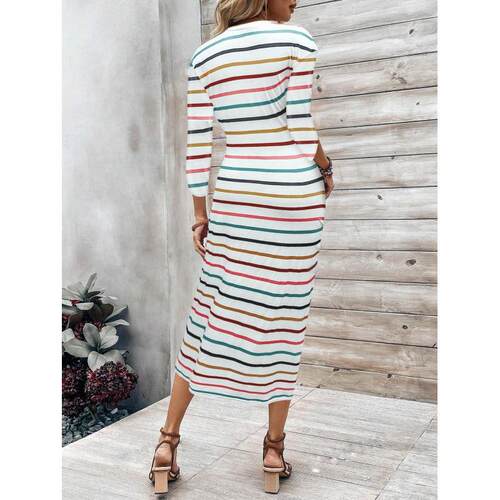 Women's printed striped pullover lace up dress - 图0