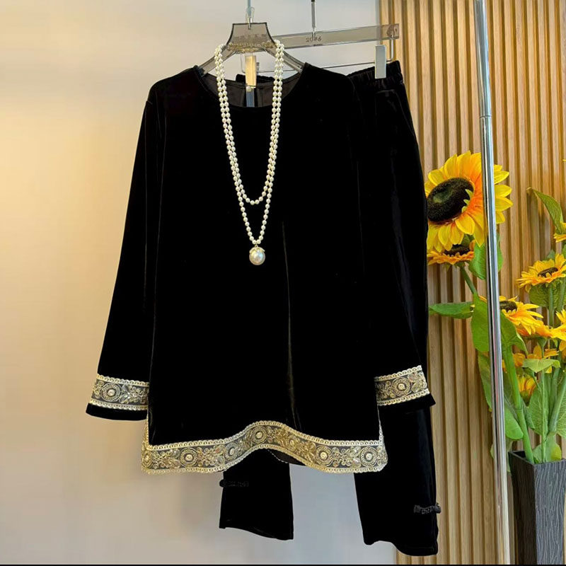 新中式大码女装2025秋季新款国风丝绒拼接蕾丝花边上衣裤子两件套,淘宝优惠券,粉丝福利购,淘宝优惠卷